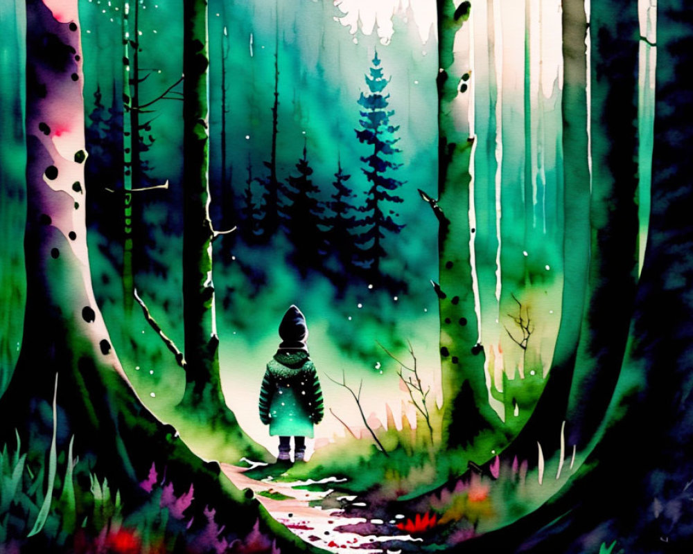 Person in Vibrant Forest Clearing with Mystical Watercolor Effects