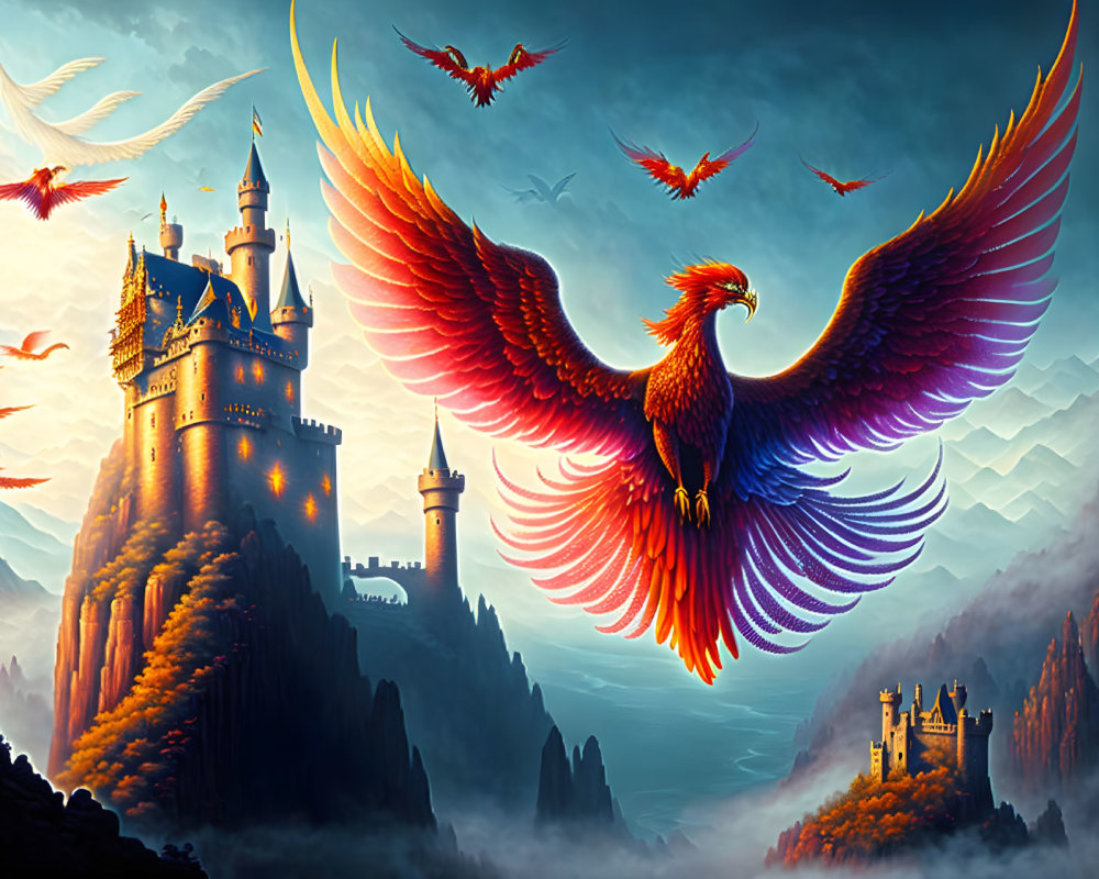 Mythical phoenix soaring by fantasy castle and mountains