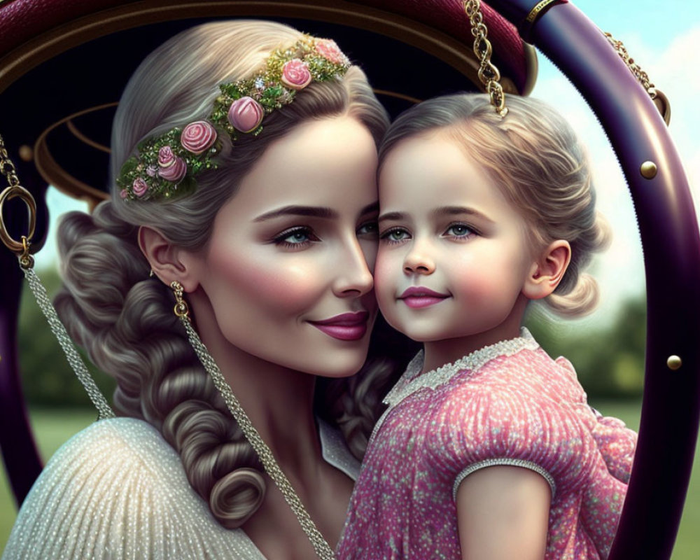 Digital illustration of woman and girl with braided hair and floral accessories in vintage swing setting