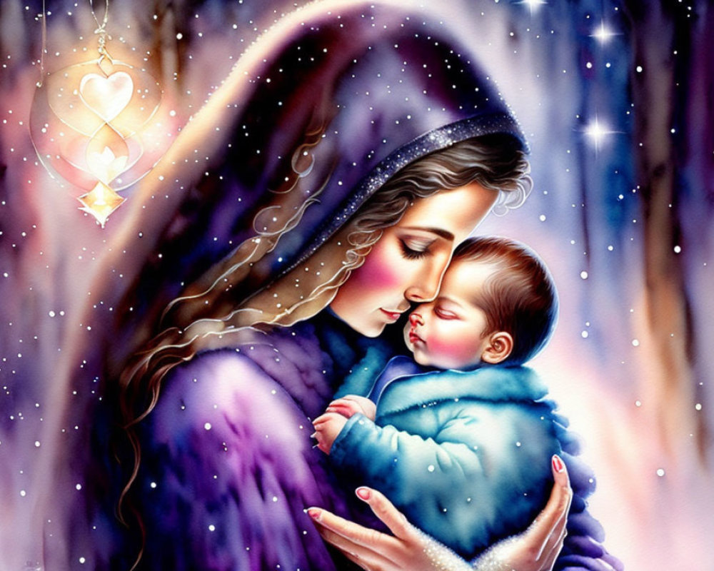 Mother holding sleeping infant in wintry starlit scene with glowing pendant