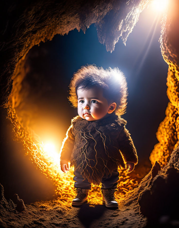 Toddler in fuzzy jacket at cave entrance with warm glow