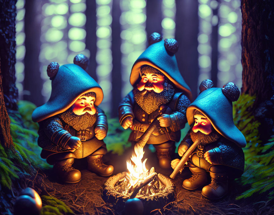 Three gnome figurines with blue hats around a campfire in a mystical forest