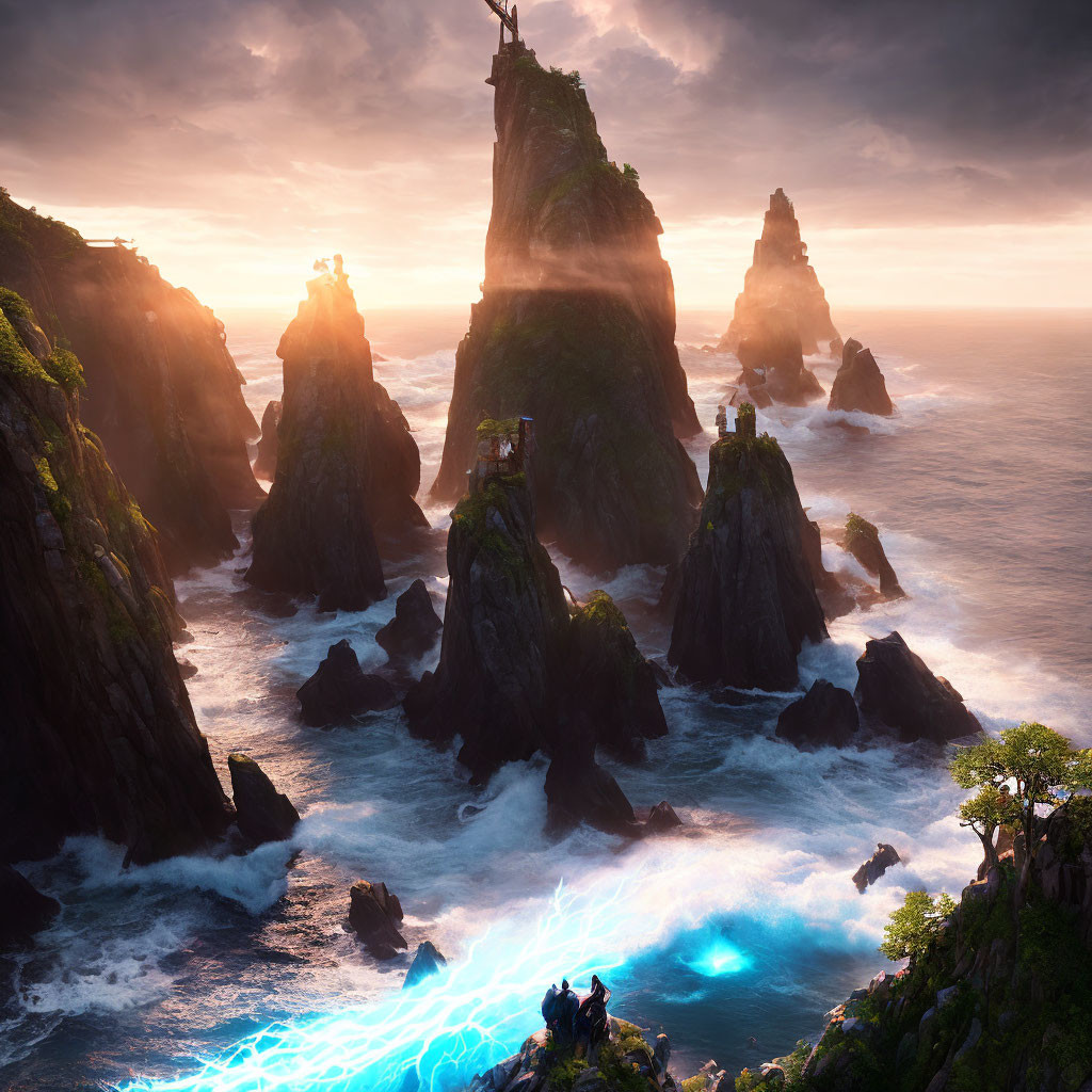 Dramatic sky over majestic sea stacks and ruins by tumultuous ocean