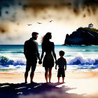 Family of Three on Beach at Dusk with Lighthouse and Birds