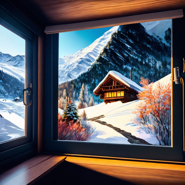 Snow-covered chalet and mountains in winter landscape through window.