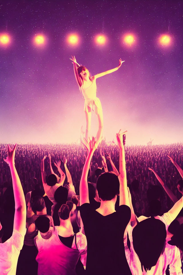 Crowd surfing woman cheered by fans in vibrant concert scene