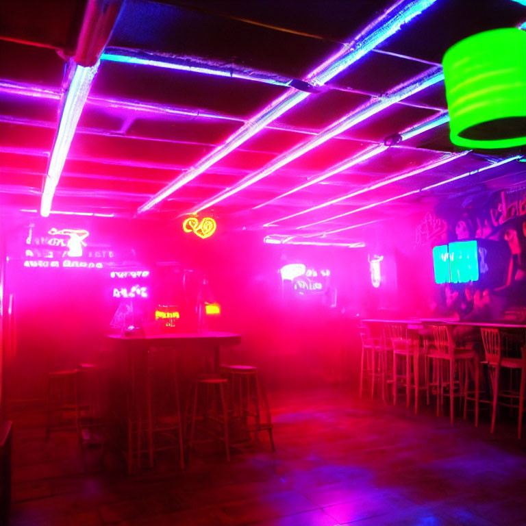 Neon-lit Room with Magenta and Blue Lights and Bar Area
