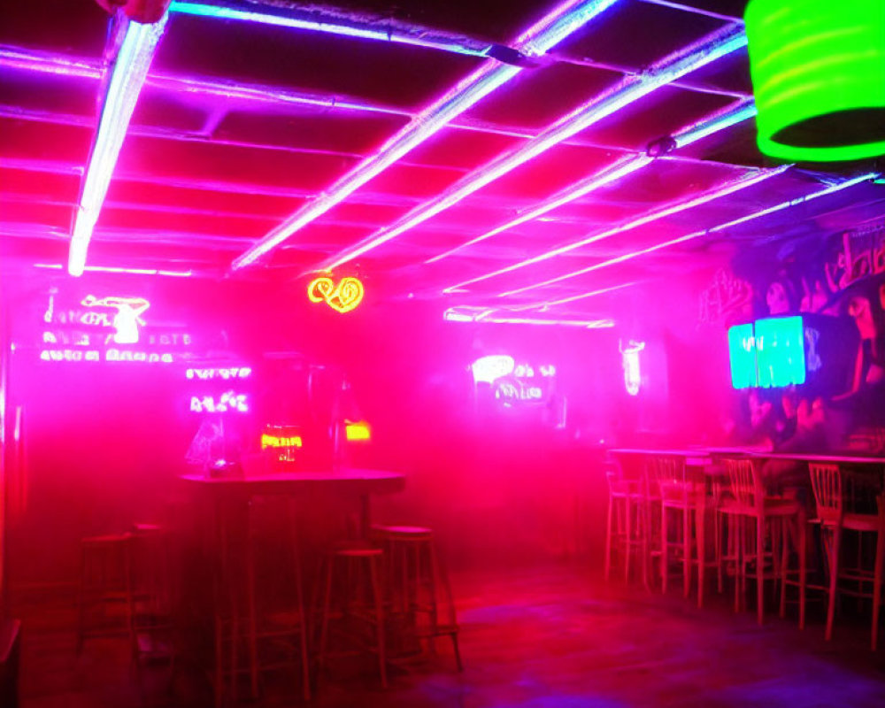 Neon-lit Room with Magenta and Blue Lights and Bar Area