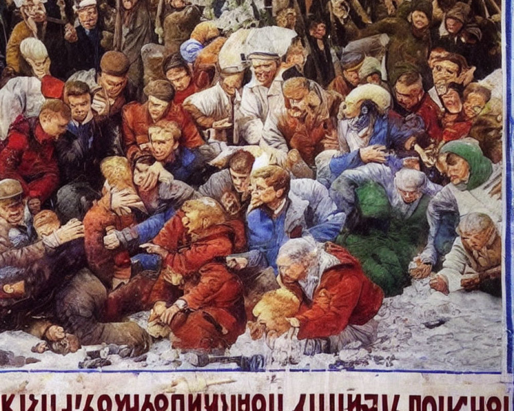 Crowded Distressed People in Painting with Cyrillic Text