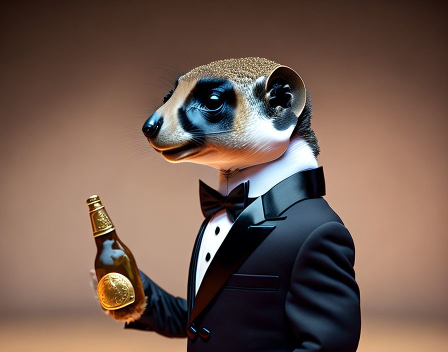 Anthropomorphic meerkat in black tuxedo with fancy bottle on amber backdrop