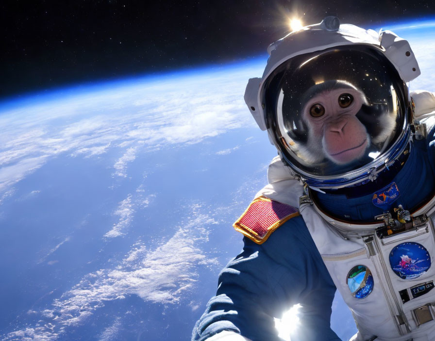 Curious monkey astronaut in space suit with Earth's horizon.