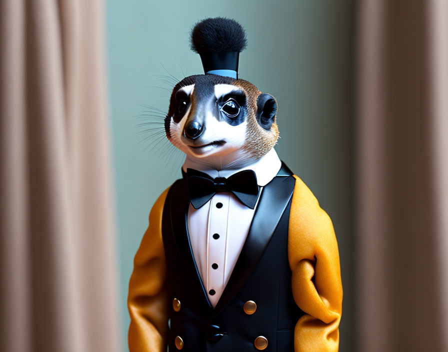 Meerkat with Human Body in Tuxedo and Bow Tie Hairstyle