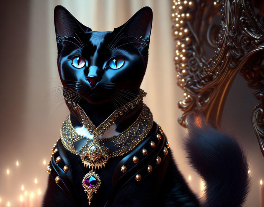 Black Cat with Gold Necklace and Blue Eyes Sitting Regally