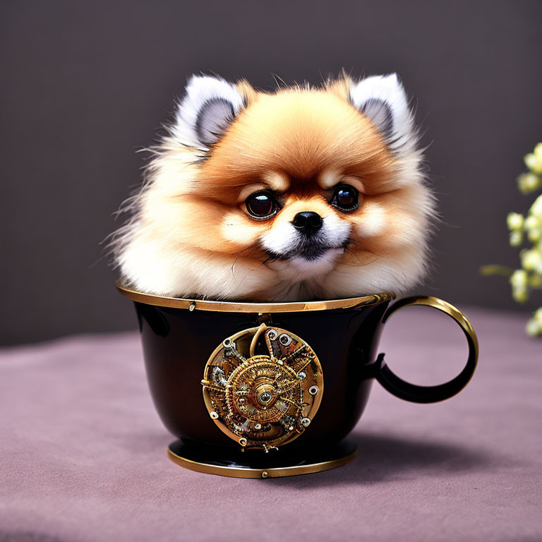 Pomeranian Dog in Steampunk Teacup on Purple Background