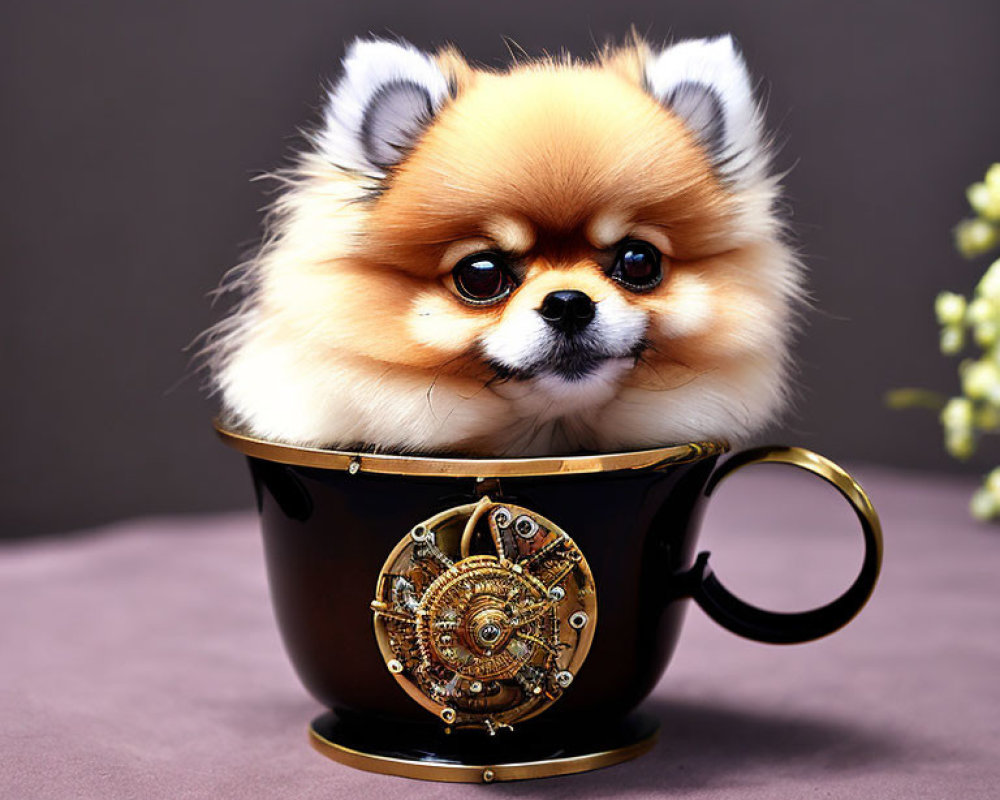 Pomeranian Dog in Steampunk Teacup on Purple Background