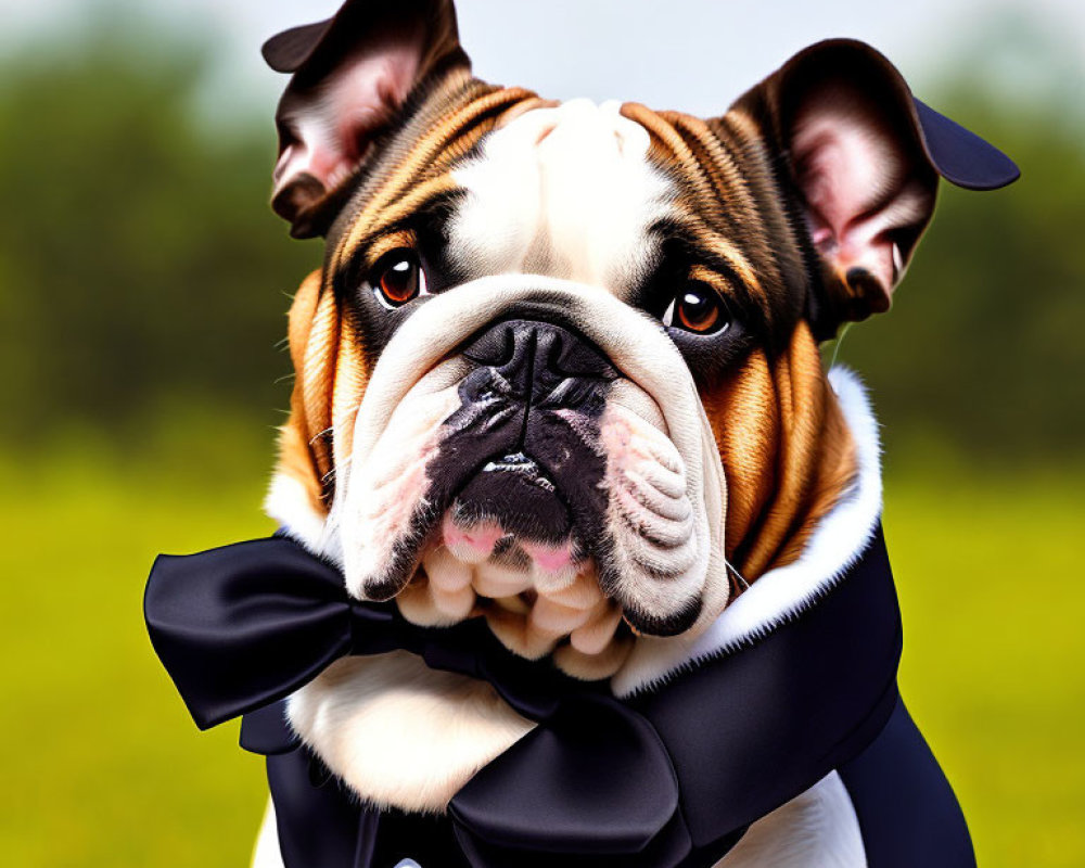 Bulldog in Black Tuxedo with Bow Tie on Green Background