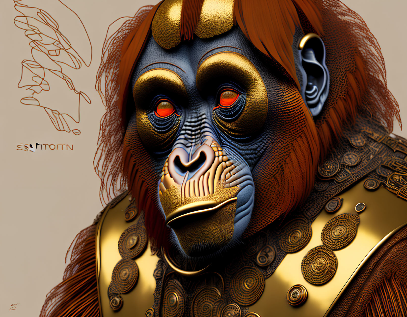 Stylized Mandrill Artwork with Golden Patterns on Beige Background