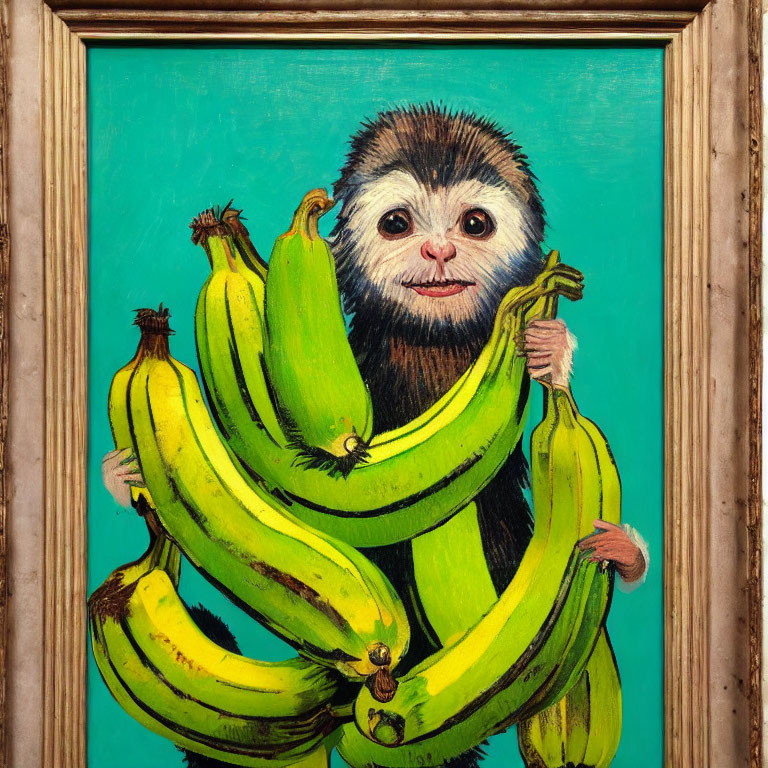 Monkey with human-like face holding bananas on turquoise background in wooden frame