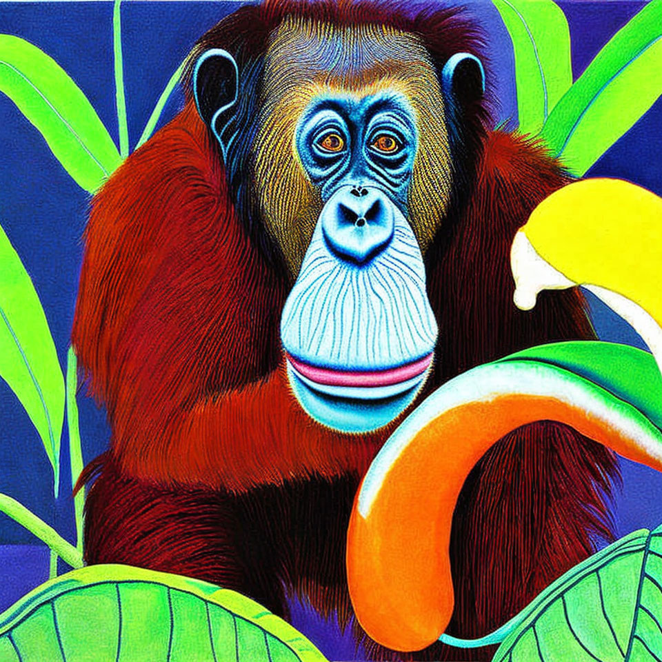 Vibrant illustration of red and black monkey with blue and white face in lush green foliage