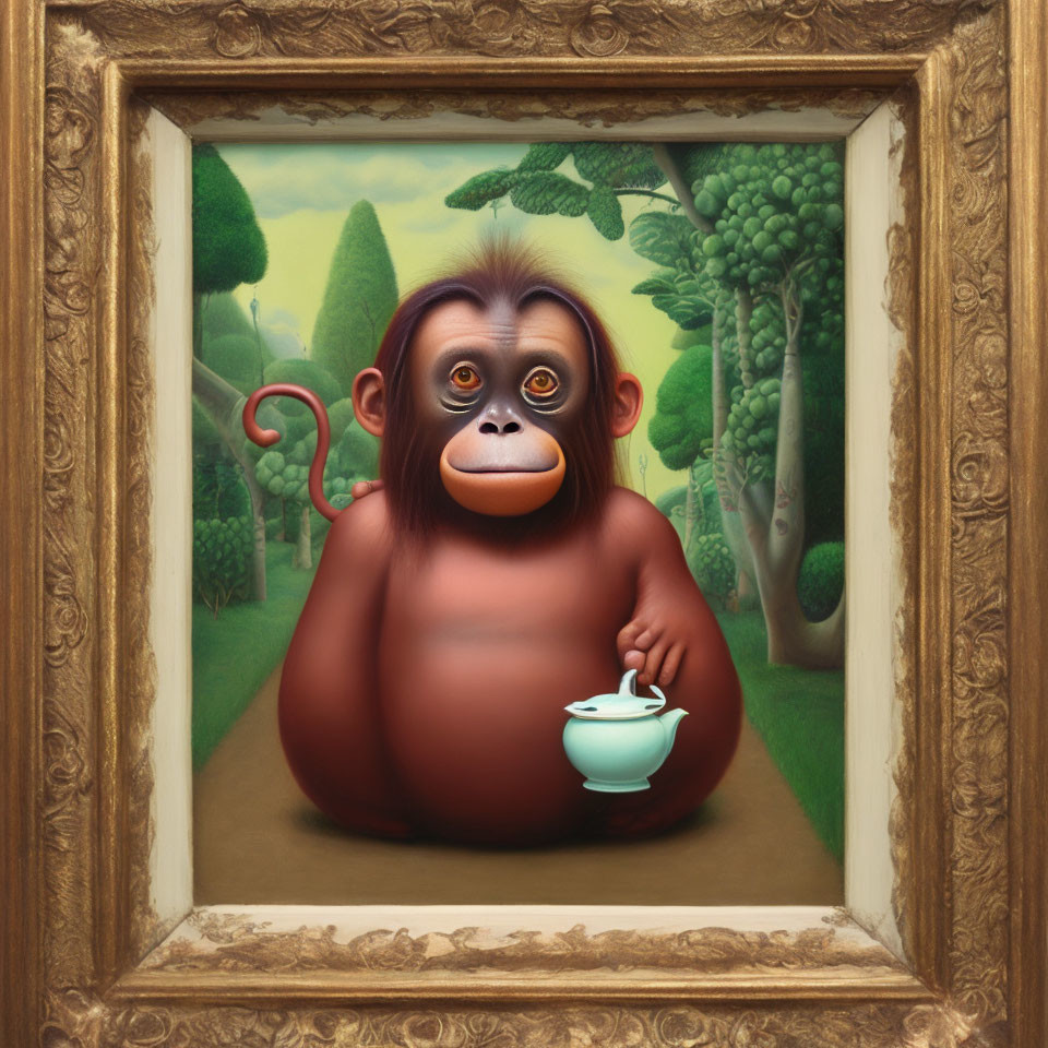 Surreal artwork of orangutan with human-like eyes holding teapot in classic portrait frame