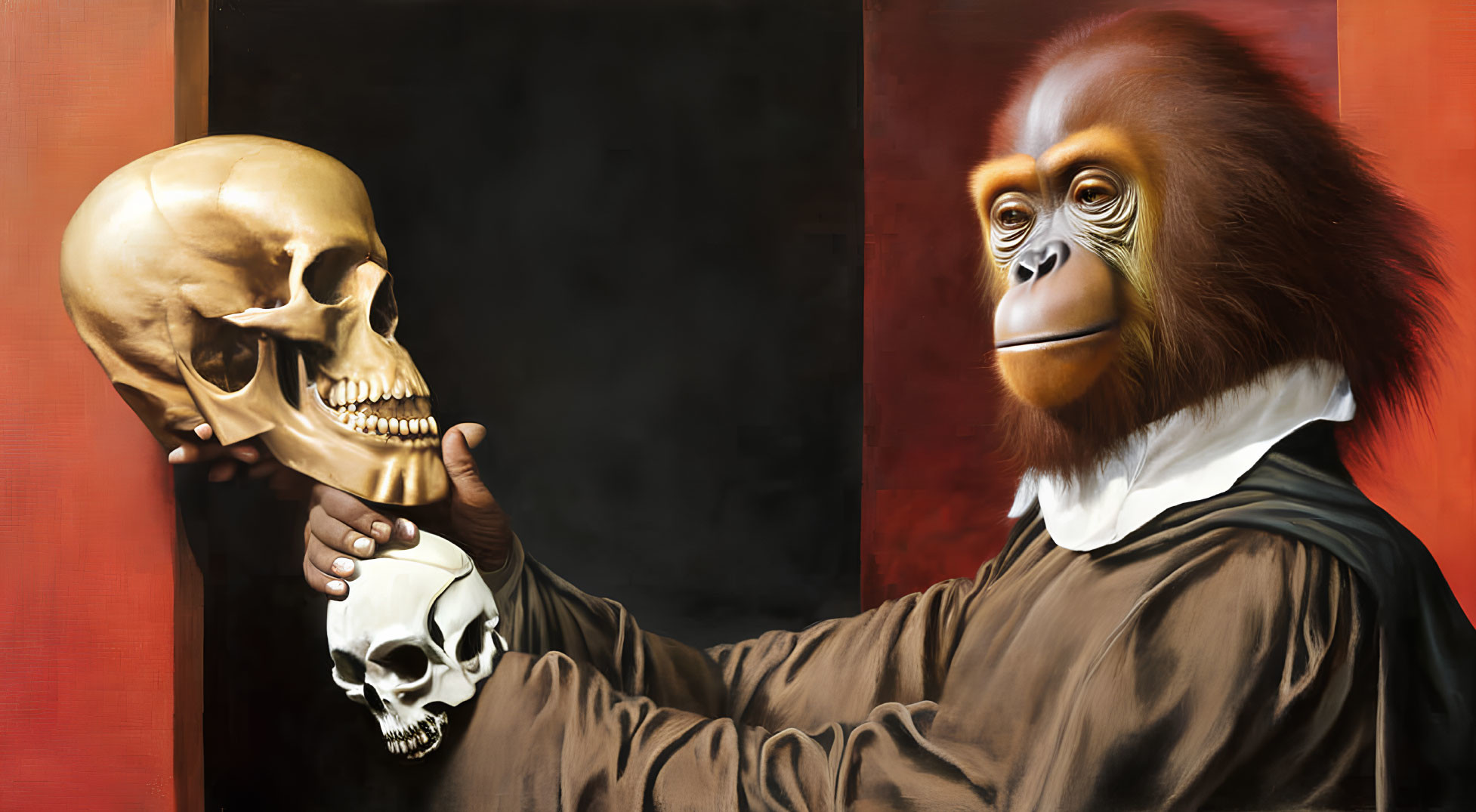 Orangutan in philosopher robe with human skull on dual-tone background