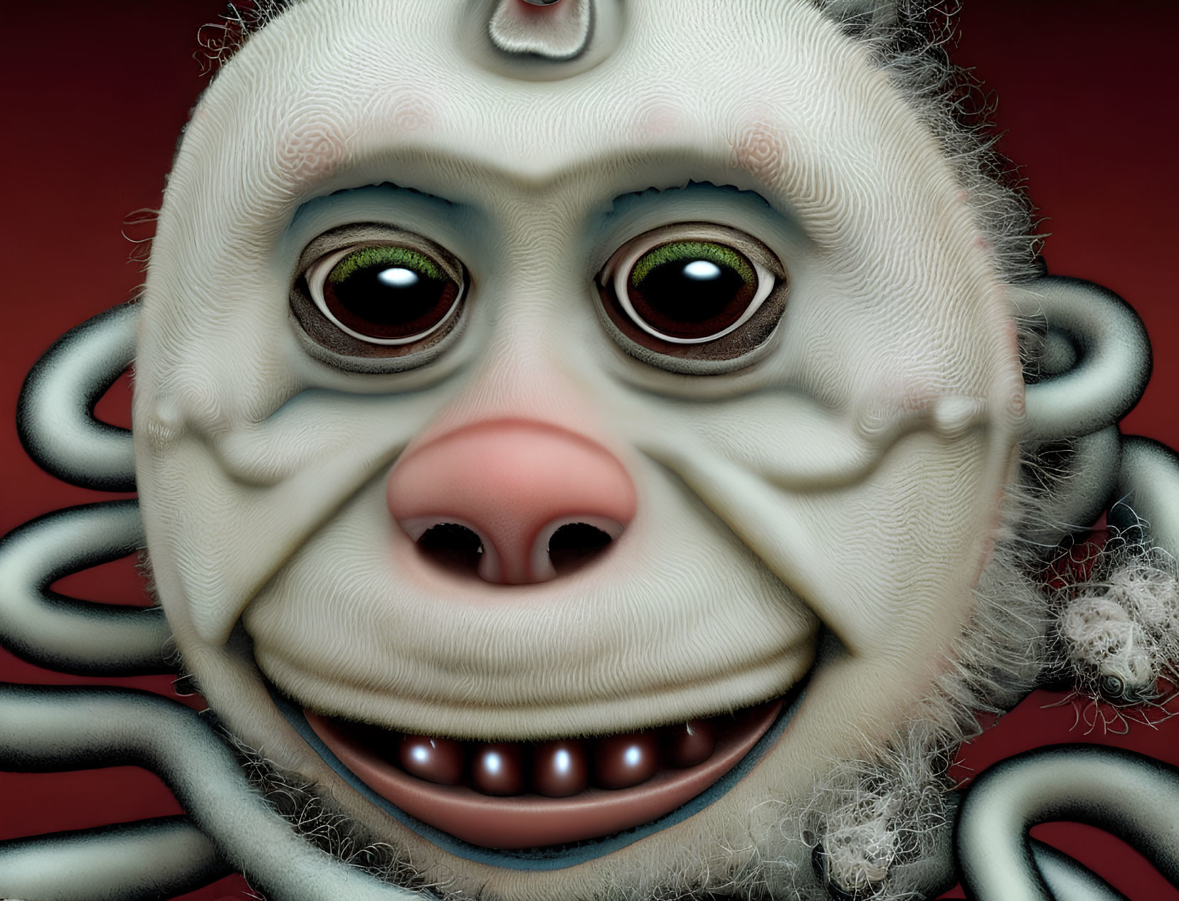 Surreal creature with simian face and serpentine eyes on red background