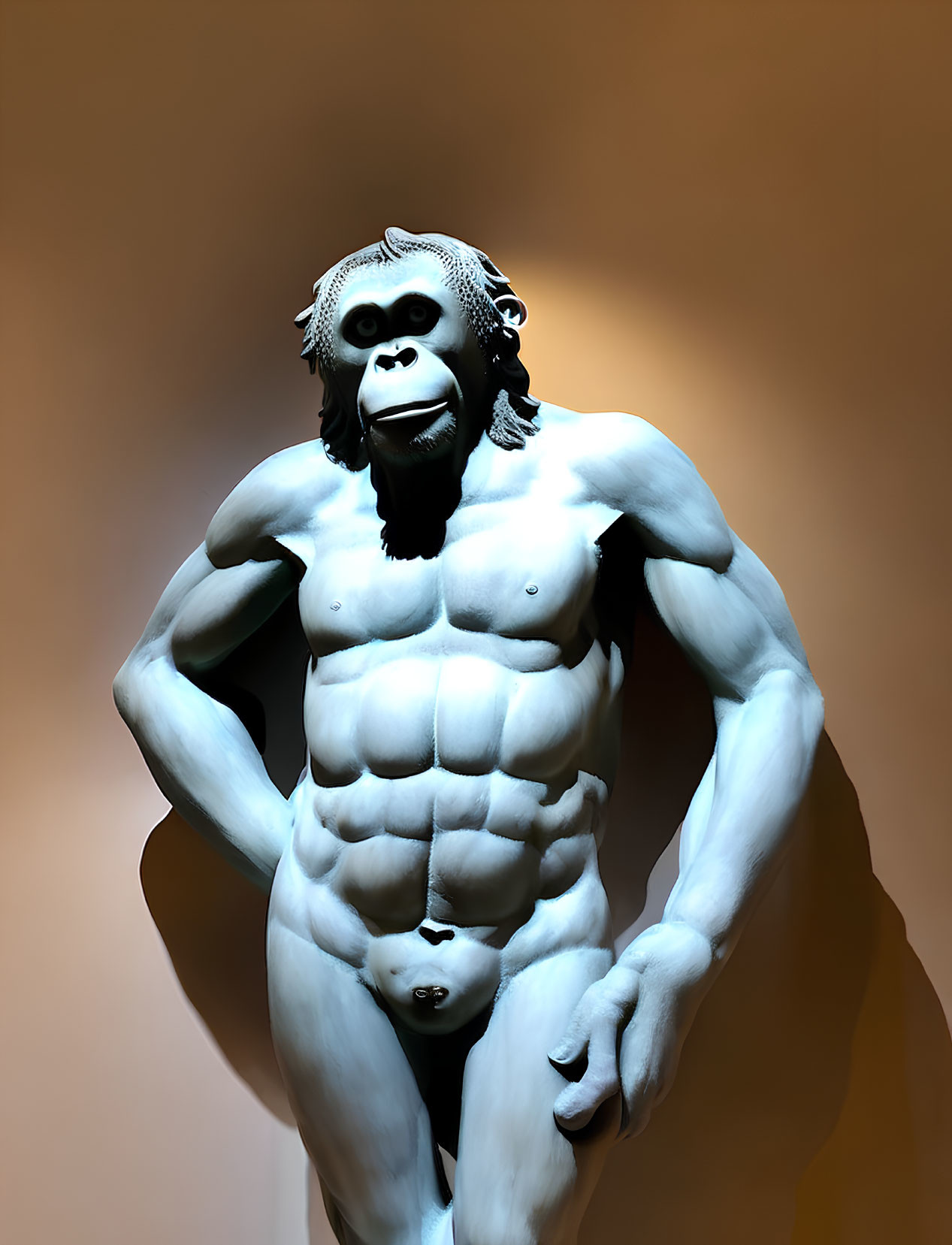 Muscular man with gorilla head statue against warm background