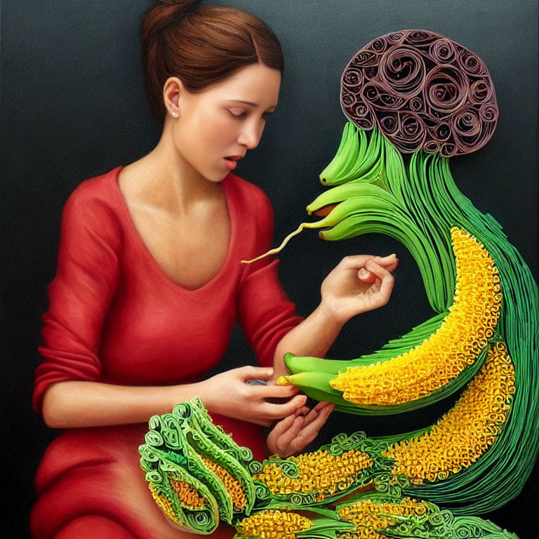 Woman in Red Dress Interacts with Abstract Ornate Banana in Swirling Patterns