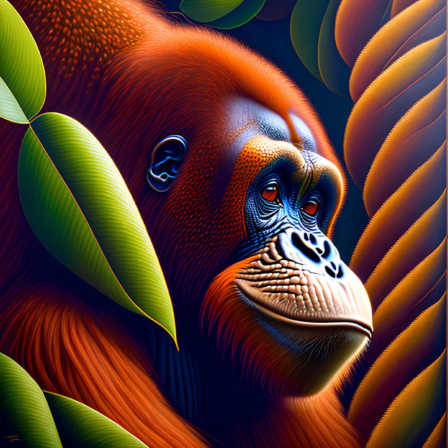 Colorful digital artwork: Orangutan with orange fur, green leaves, golden patterns