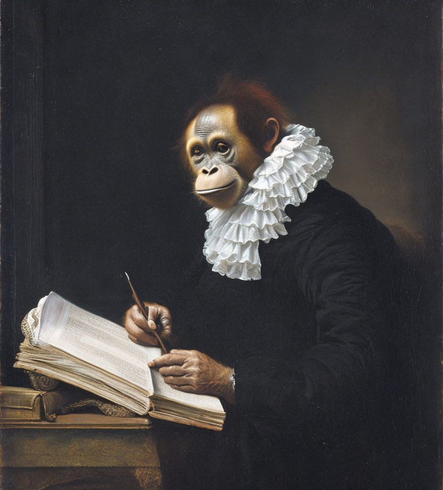 Orangutan in Black Robe with Quill Pen in Classical Painting Style