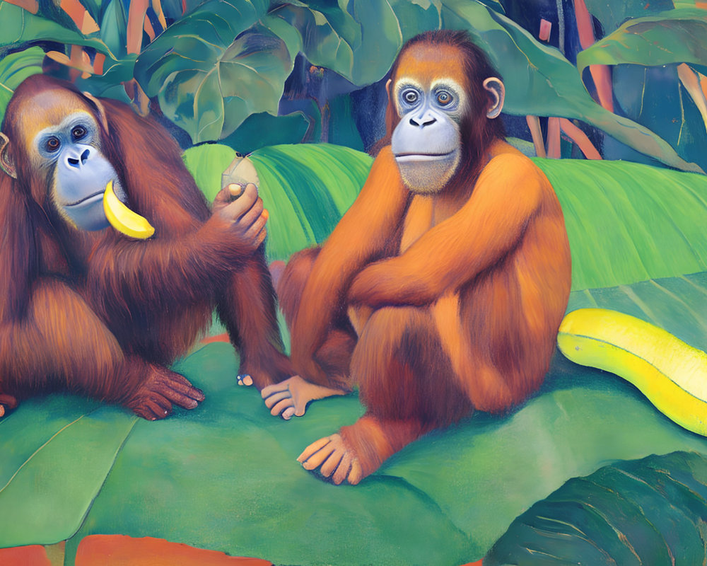 Illustrated orangutans with banana and green leaves in background