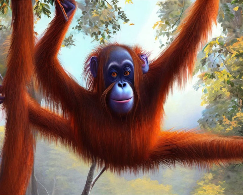 Colorful illustration: Smiling orangutan in vibrant forest