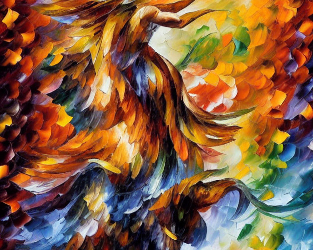 Colorful Impressionistic Painting: Figure merging with horse in dynamic background