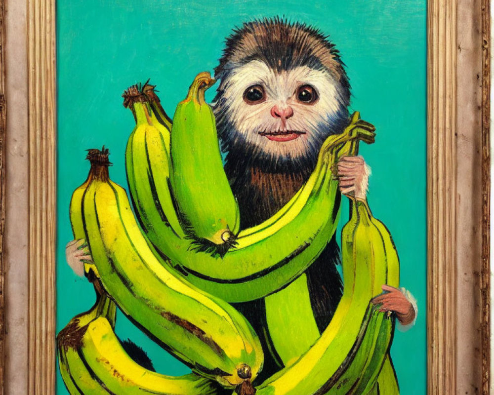 Monkey with human-like face holding bananas on turquoise background in wooden frame