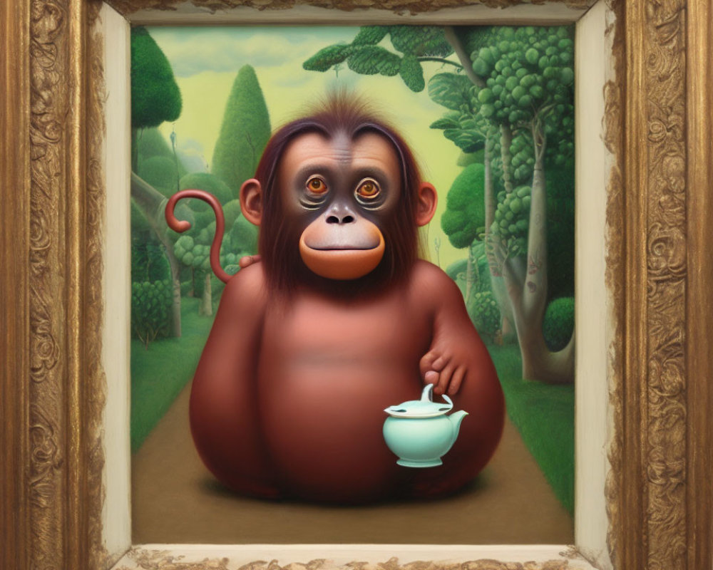 Surreal artwork of orangutan with human-like eyes holding teapot in classic portrait frame