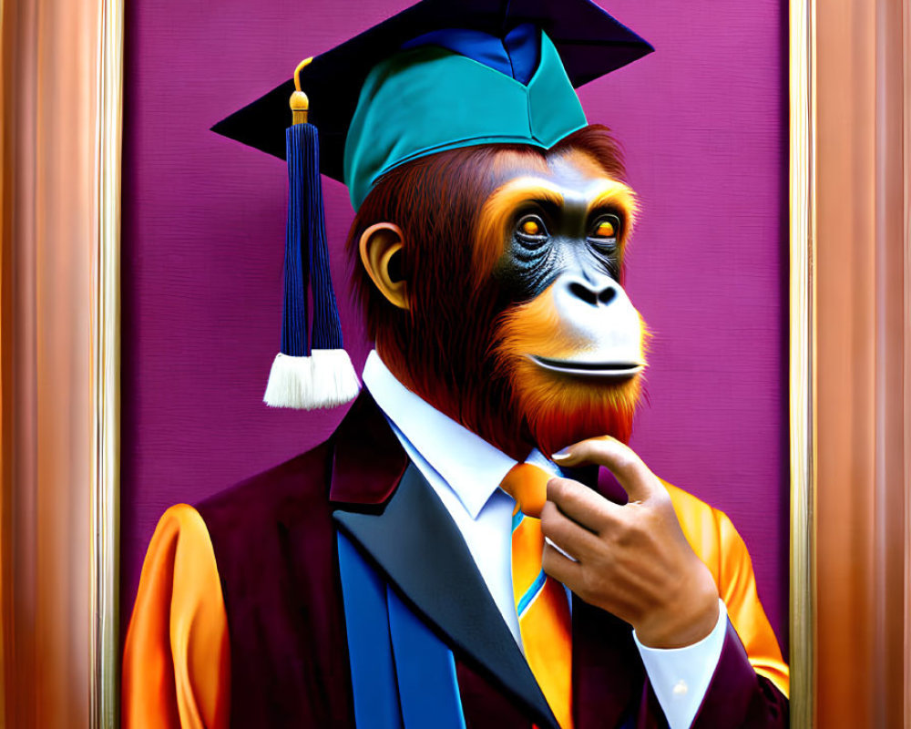 Portrait of Orangutan in Graduation Attire on Wall