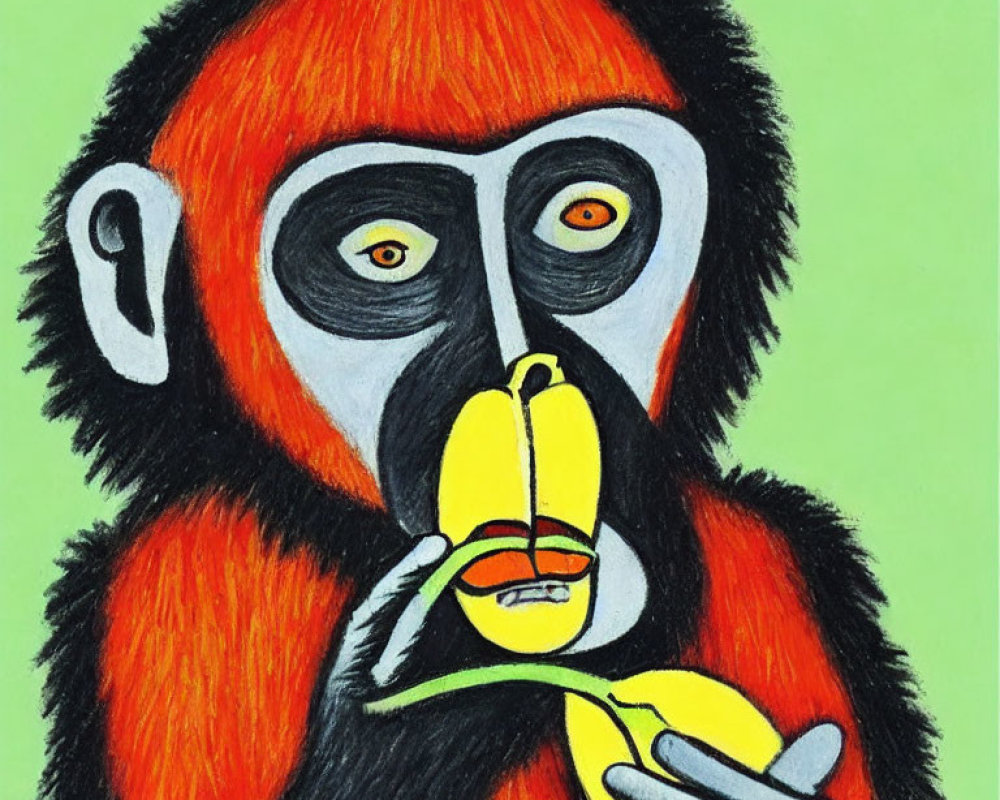 Red and Black Monkey Eating Banana on Green Background