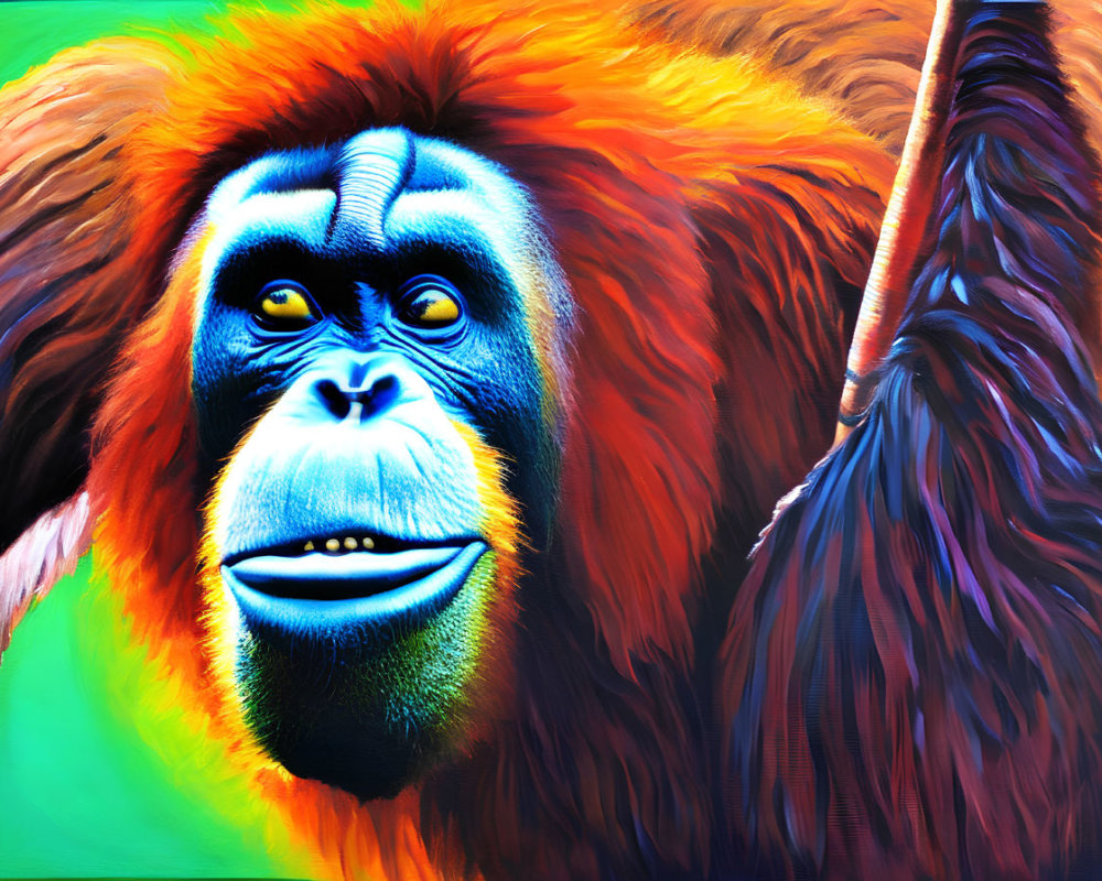 Colorful Orangutan Painting with Blue Face and Orange Fur