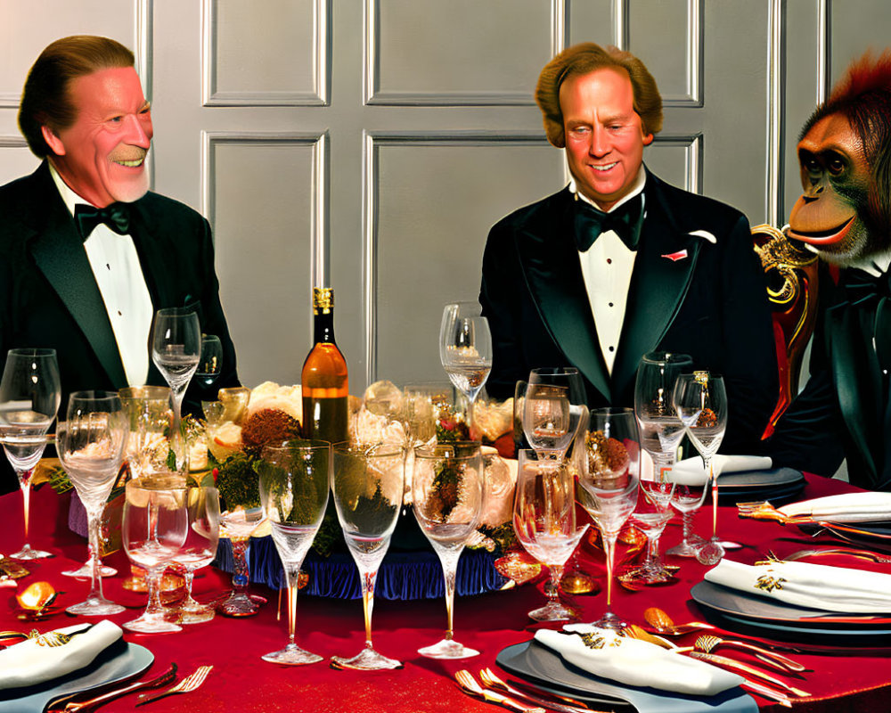 Men in tuxedos and baboon in suit at elegant dinner table with wine