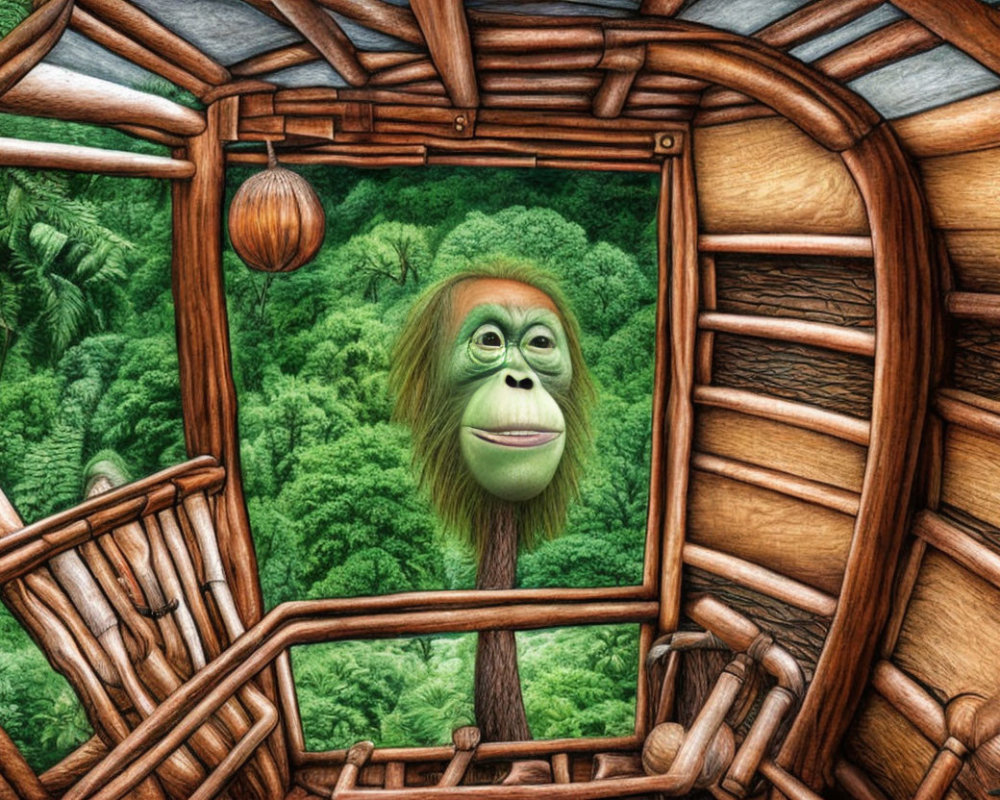 Orangutan observing through wooden window frame in lush forest