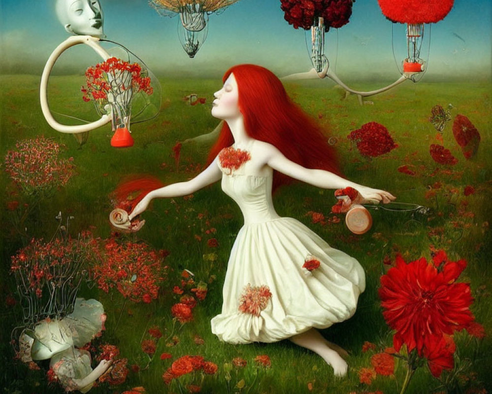 Surreal painting of red-haired woman dancing in field with floating teapots and moon-faced figure