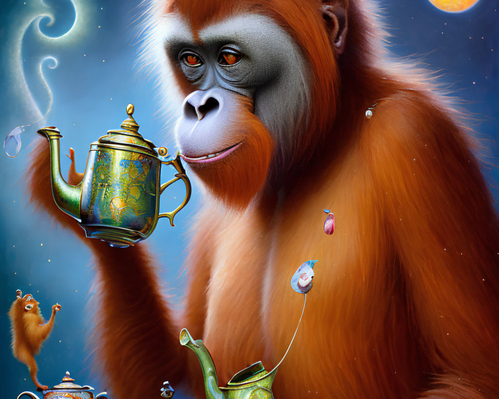 Vibrant Orangutan Holding Teapot in Dreamy Space