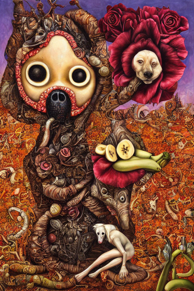 Surreal artwork: Skull-faced figure with flowers, fruits, and unique patterns