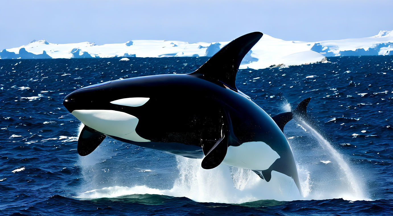 Orca Jumping Out of Blue Ocean with Icebergs and Clear Sky