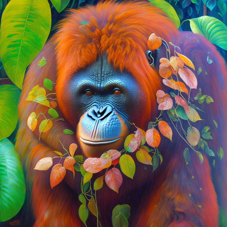 Colorful Orangutan Painting Among Green Foliage