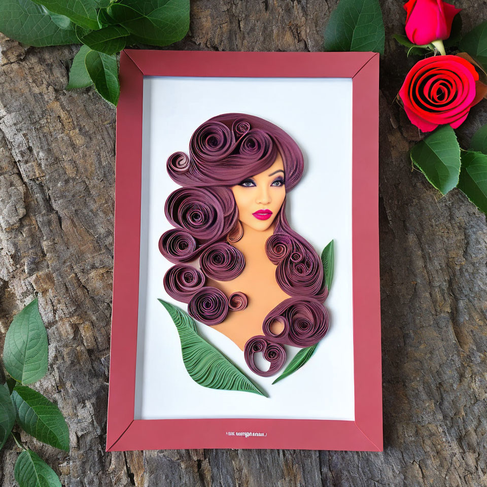 Framed quilled paper art of woman with purple hair and green leaves on wood background