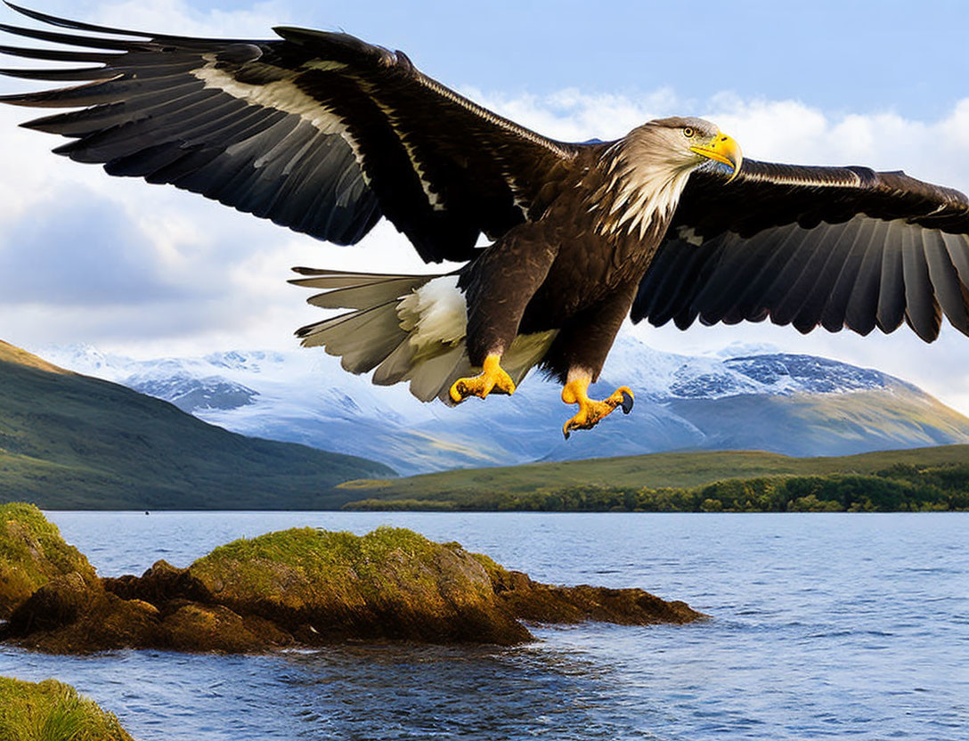 Majestic bald eagle soaring over scenic lake and mountains