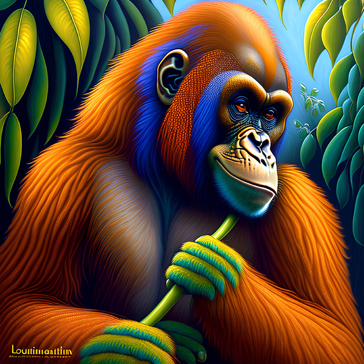 Colorful illustration of an orange and blue orangutan in a lush jungle setting