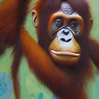 Orangutan with expressive eyes and orange fur on green background