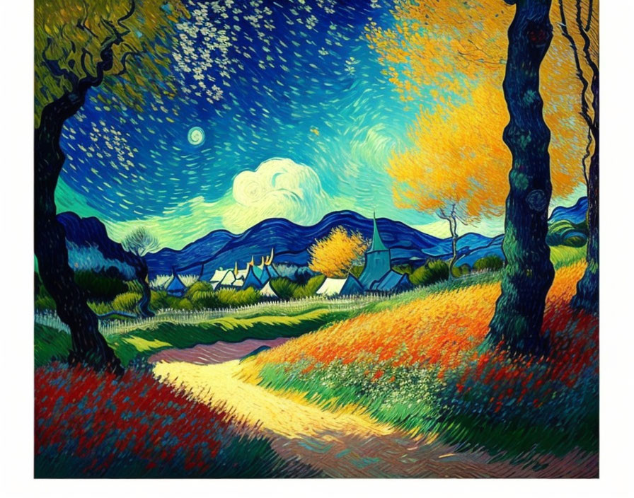 Vibrant painting of starry night sky over lively countryside